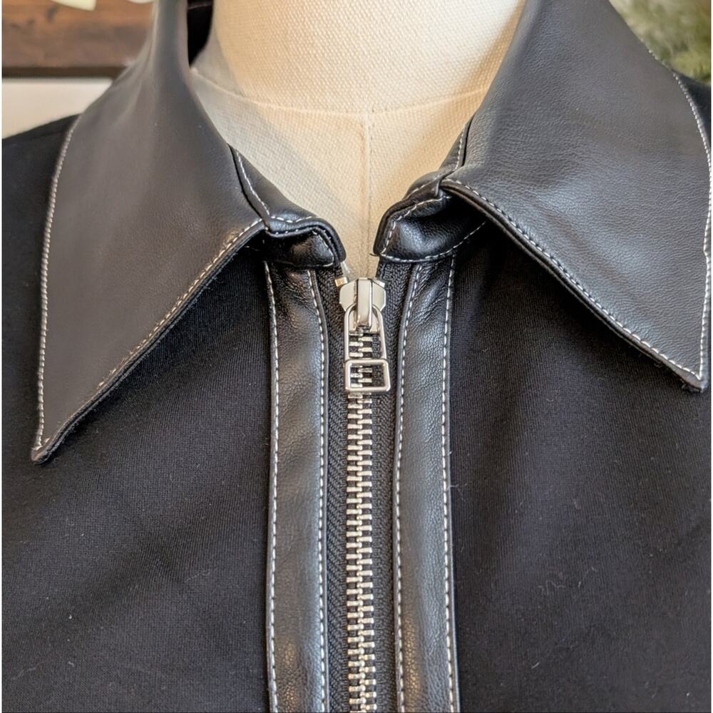 NWOT STAUD Alfred Faux Leather Accent Long Sleeve Midi Knit Dress Black Medium - Picture 2 of 5